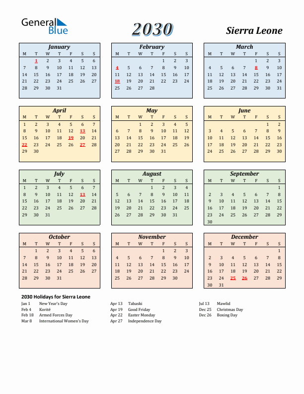 Sierra Leone Calendar 2030 with Monday Start