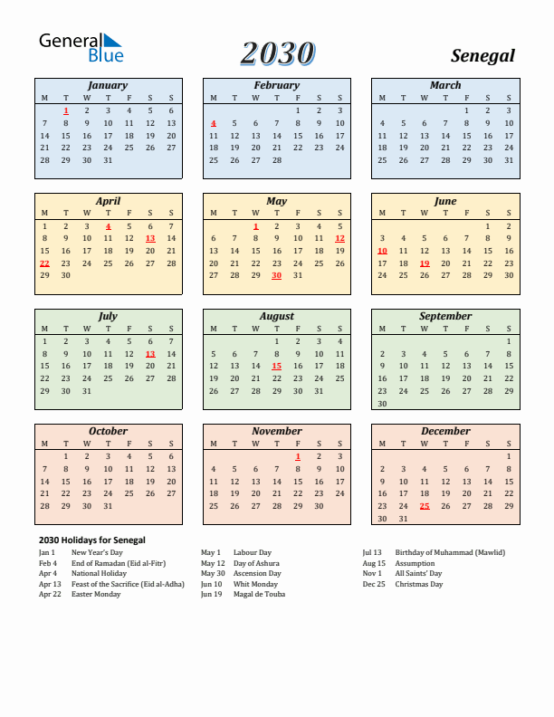 Senegal Calendar 2030 with Monday Start