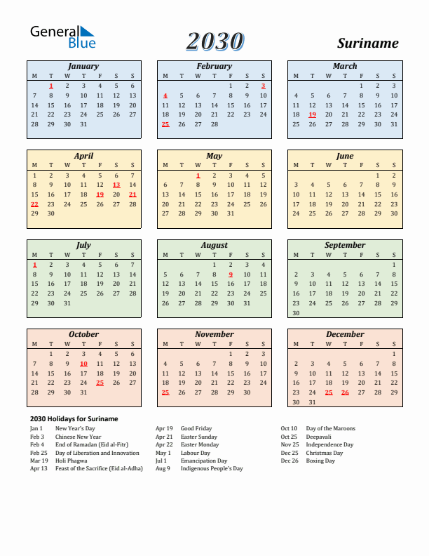 Suriname Calendar 2030 with Monday Start
