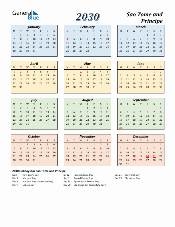 Sao Tome and Principe Calendar 2030 with Monday Start