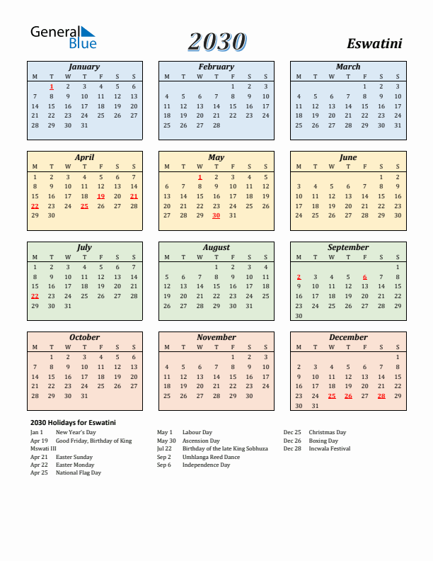Eswatini Calendar 2030 with Monday Start