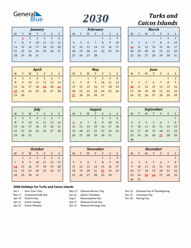 Turks and Caicos Islands Calendar 2030 with Monday Start