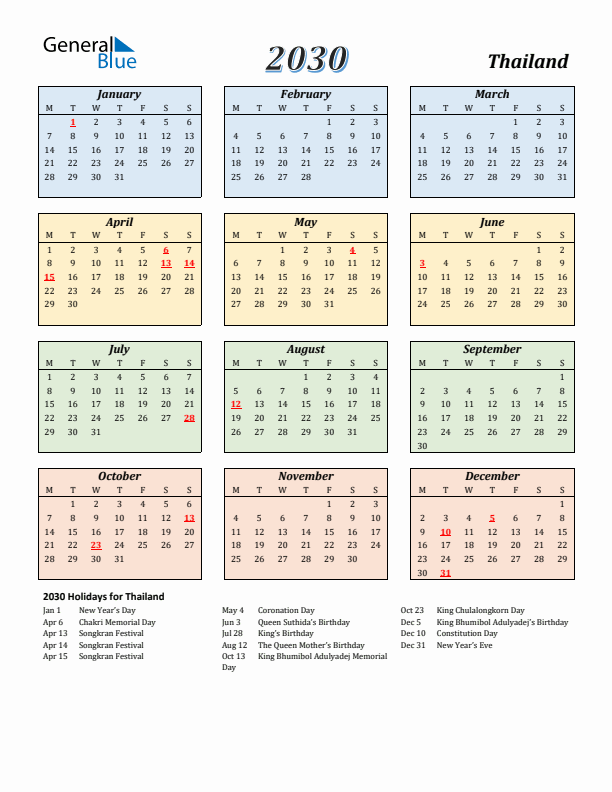 Thailand Calendar 2030 with Monday Start