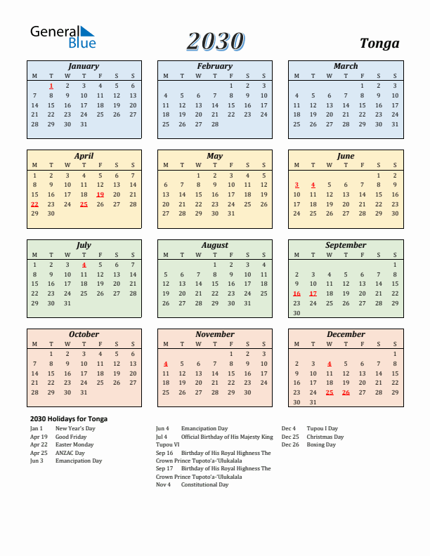 Tonga Calendar 2030 with Monday Start