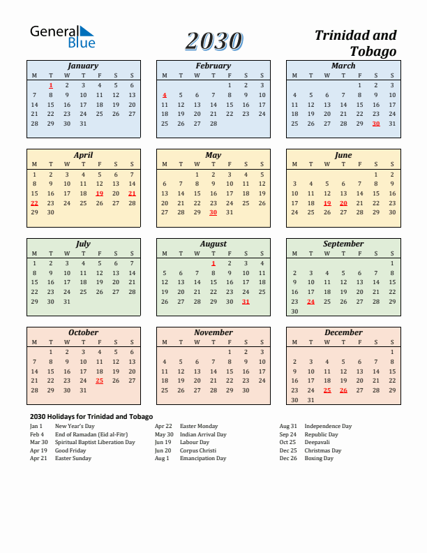 Trinidad and Tobago Calendar 2030 with Monday Start