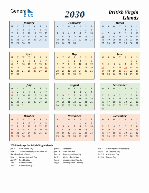 British Virgin Islands Calendar 2030 with Monday Start