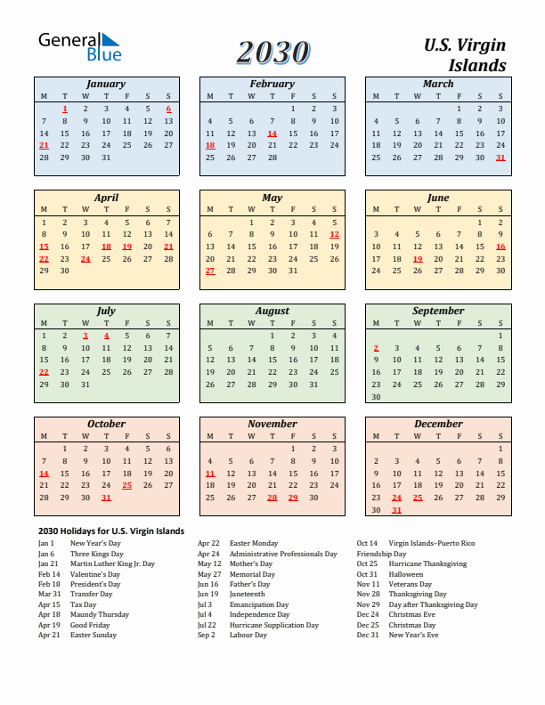 U.S. Virgin Islands Calendar 2030 with Monday Start