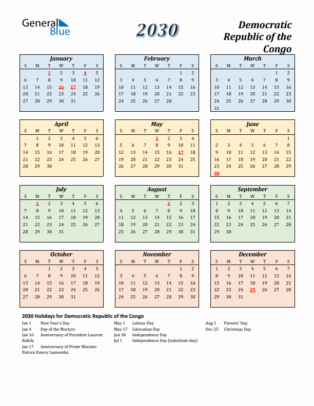 Democratic Republic of the Congo Calendar 2030 with Sunday Start