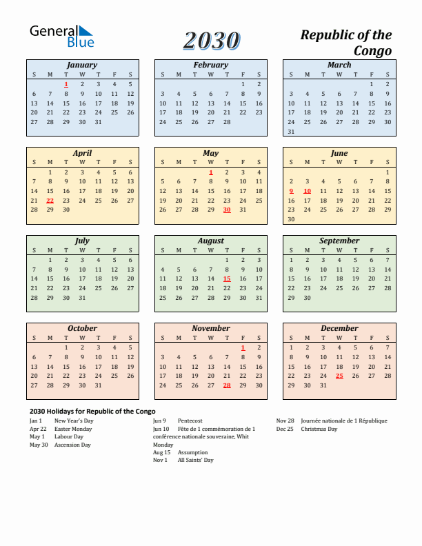 Republic of the Congo Calendar 2030 with Sunday Start