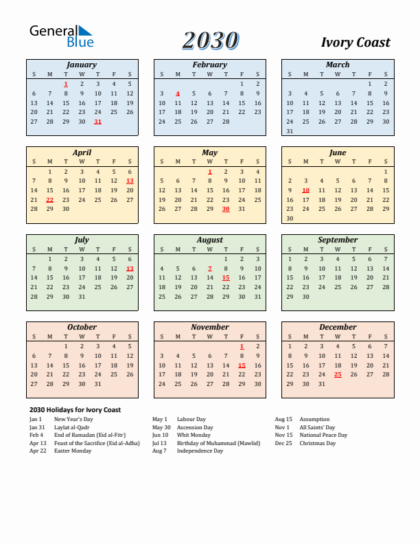 Ivory Coast Calendar 2030 with Sunday Start