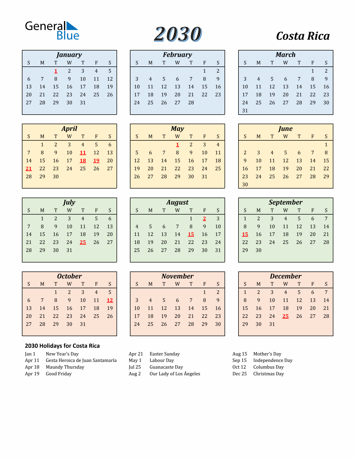 Costa Rica Calendar 2030 with Sunday Start