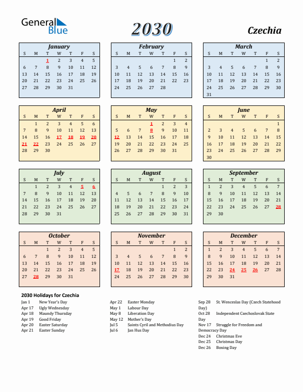 Czechia Calendar 2030 with Sunday Start