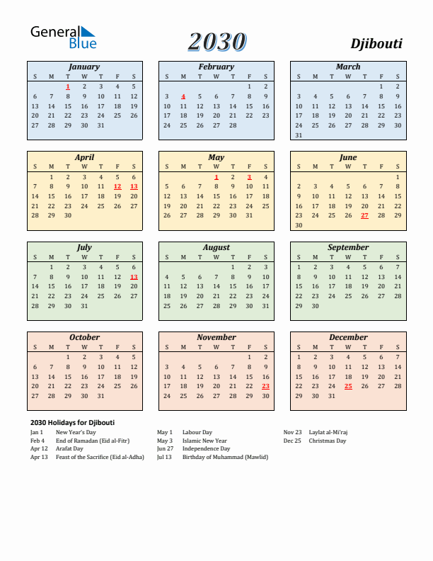 Djibouti Calendar 2030 with Sunday Start