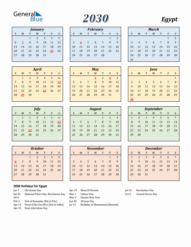 Egypt Calendar 2030 with Sunday Start