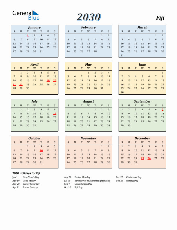 Fiji Calendar 2030 with Sunday Start