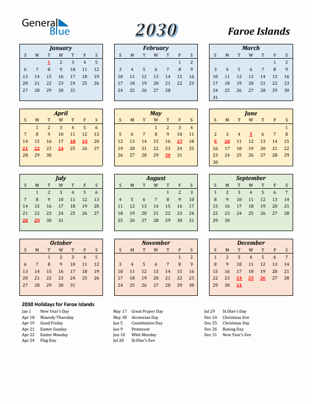 Faroe Islands Calendar 2030 with Sunday Start