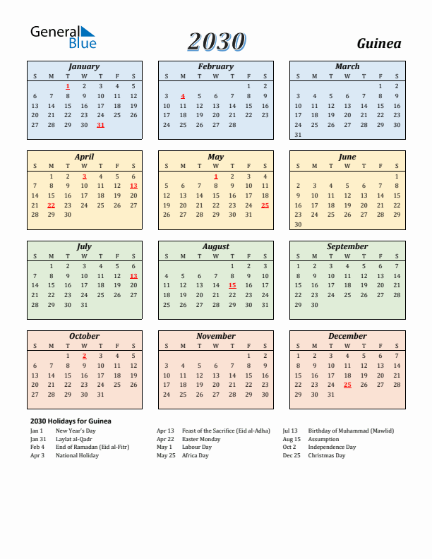 Guinea Calendar 2030 with Sunday Start