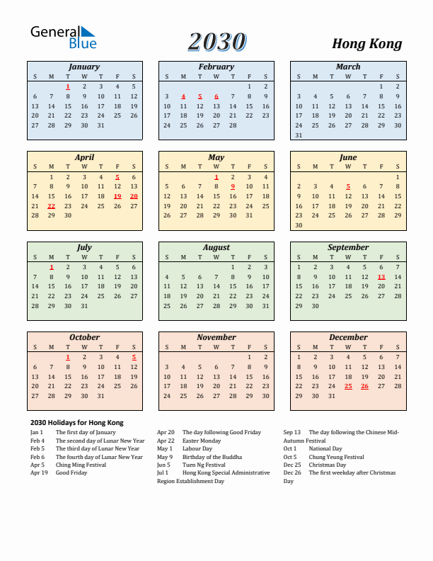 Hong Kong Calendar 2030 with Sunday Start