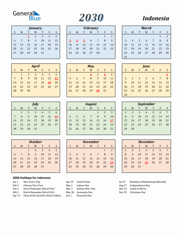 Indonesia Calendar 2030 with Sunday Start