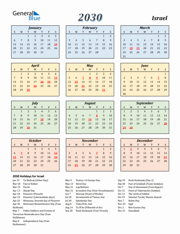Israel Calendar 2030 with Sunday Start