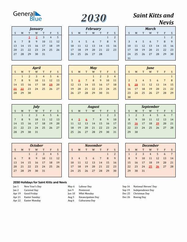 Saint Kitts and Nevis Calendar 2030 with Sunday Start