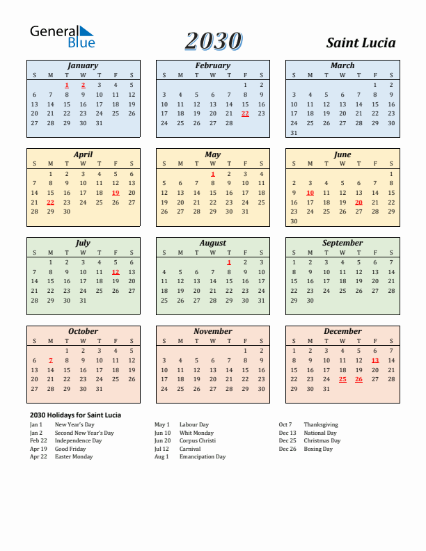 Saint Lucia Calendar 2030 with Sunday Start