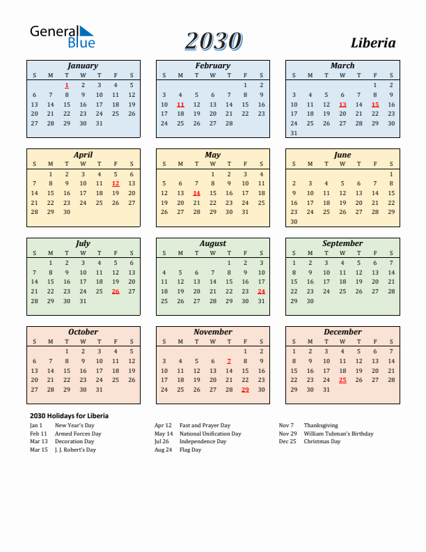 Liberia Calendar 2030 with Sunday Start