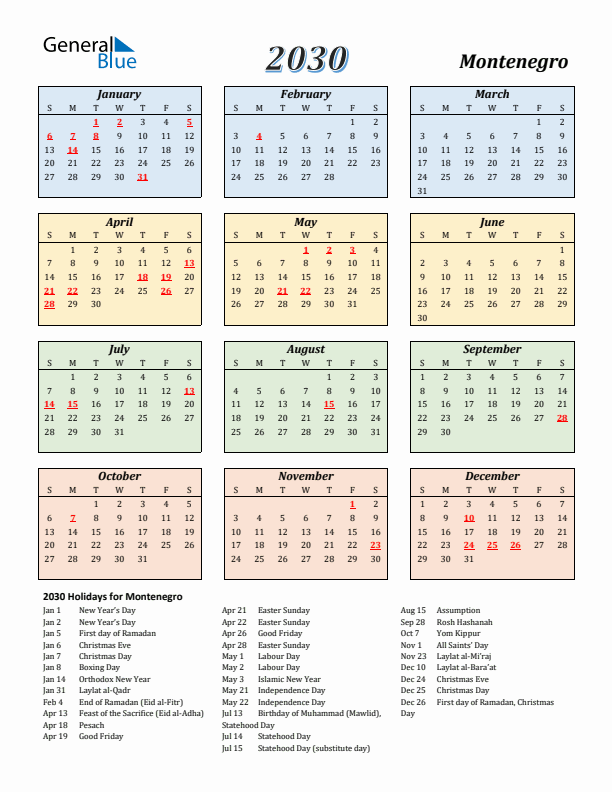 Montenegro Calendar 2030 with Sunday Start
