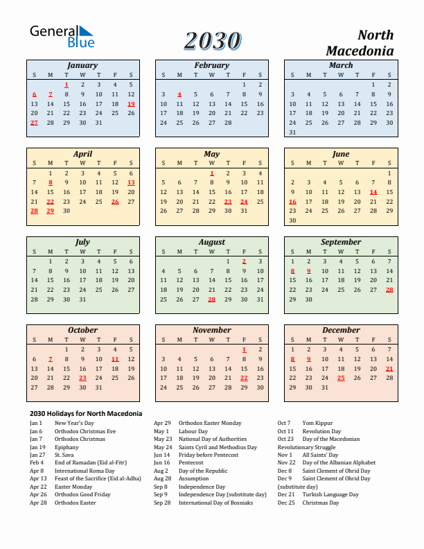 North Macedonia Calendar 2030 with Sunday Start