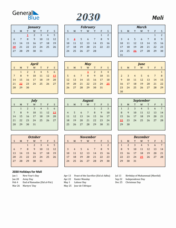 Mali Calendar 2030 with Sunday Start