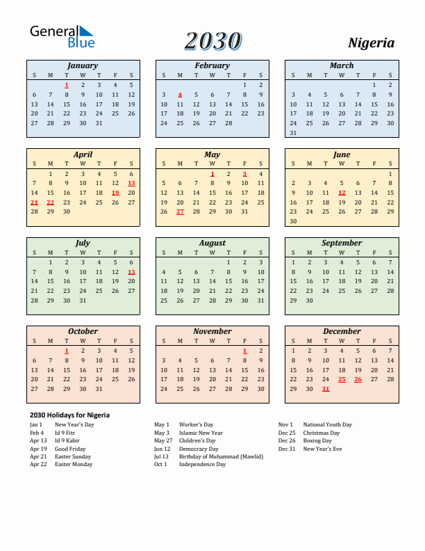 Nigeria Calendar 2030 with Sunday Start