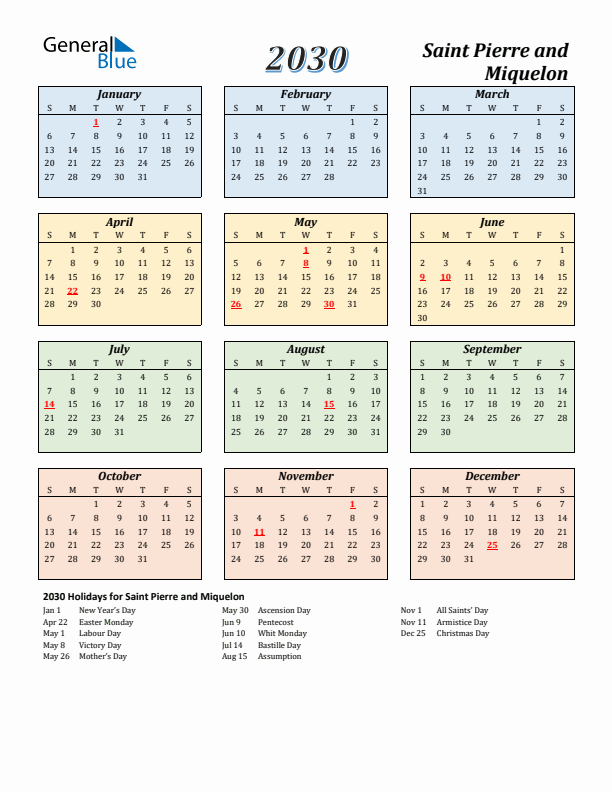 Saint Pierre and Miquelon Calendar 2030 with Sunday Start