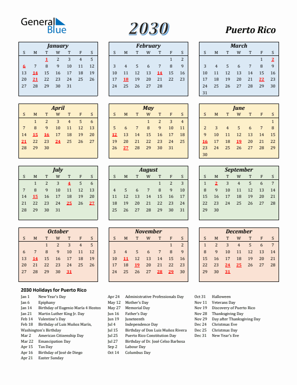Puerto Rico Calendar 2030 with Sunday Start