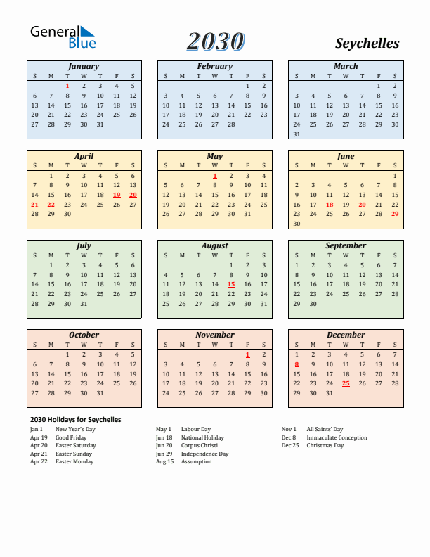 Seychelles Calendar 2030 with Sunday Start