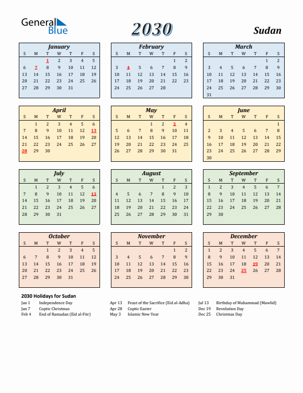 Sudan Calendar 2030 with Sunday Start