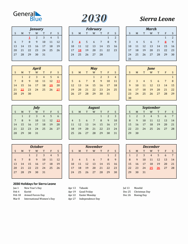 Sierra Leone Calendar 2030 with Sunday Start