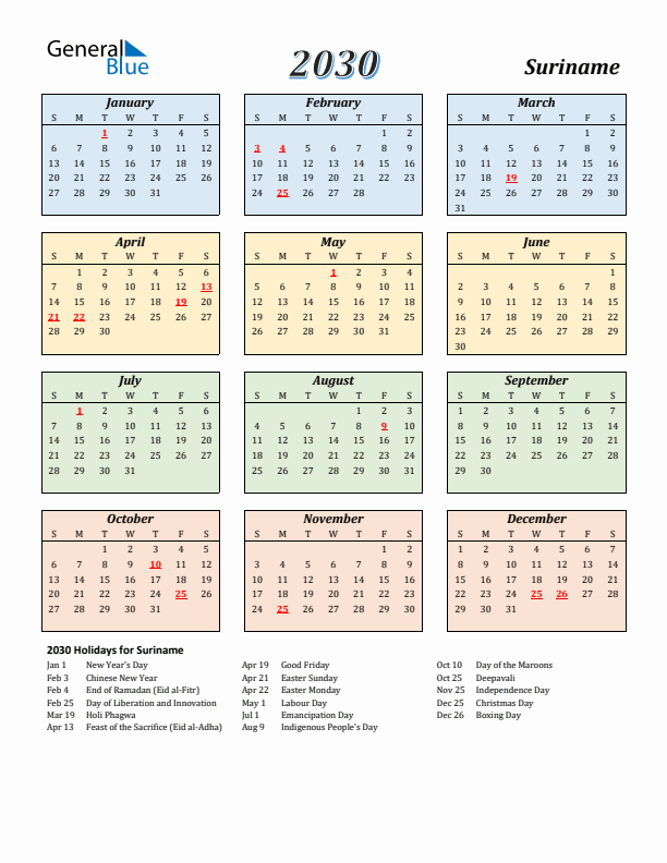 Suriname Calendar 2030 with Sunday Start