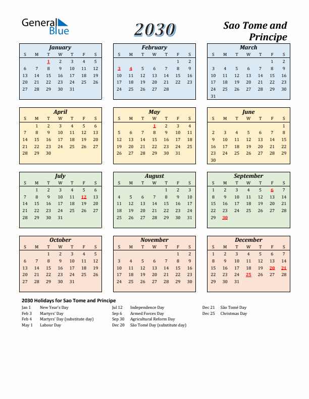 Sao Tome and Principe Calendar 2030 with Sunday Start