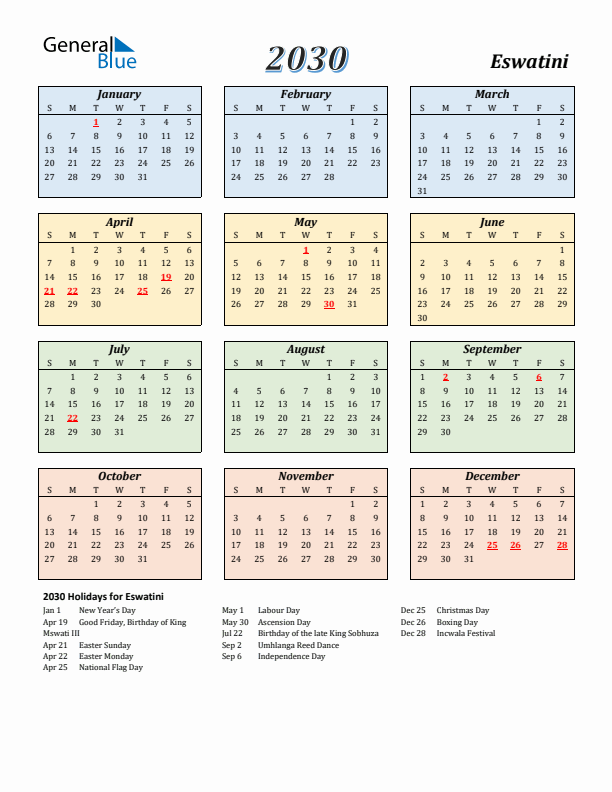 Eswatini Calendar 2030 with Sunday Start