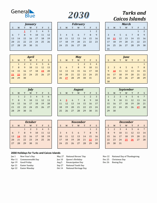 Turks and Caicos Islands Calendar 2030 with Sunday Start
