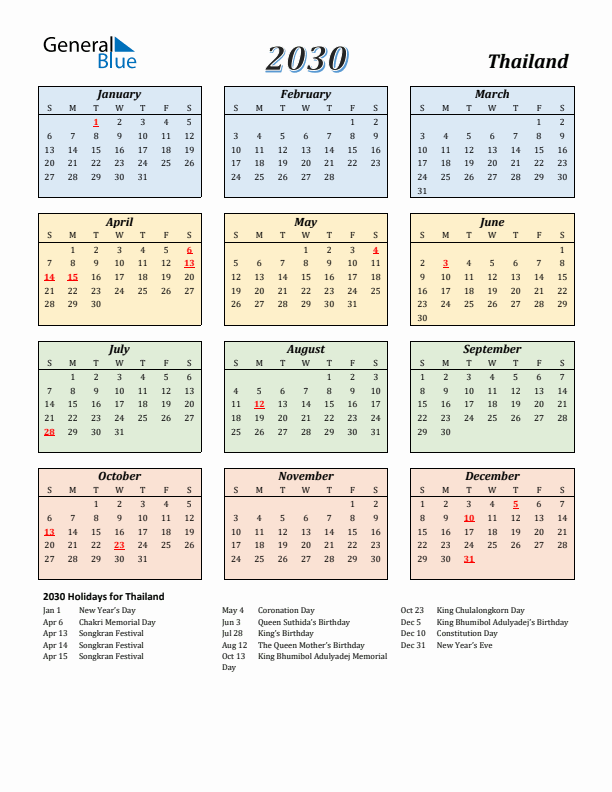 Thailand Calendar 2030 with Sunday Start