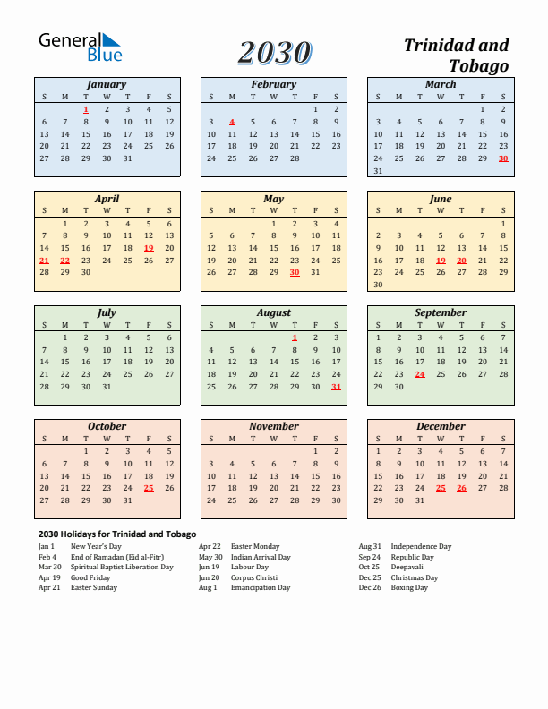 Trinidad and Tobago Calendar 2030 with Sunday Start