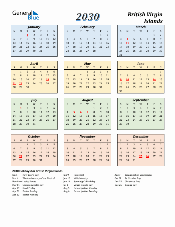 British Virgin Islands Calendar 2030 with Sunday Start
