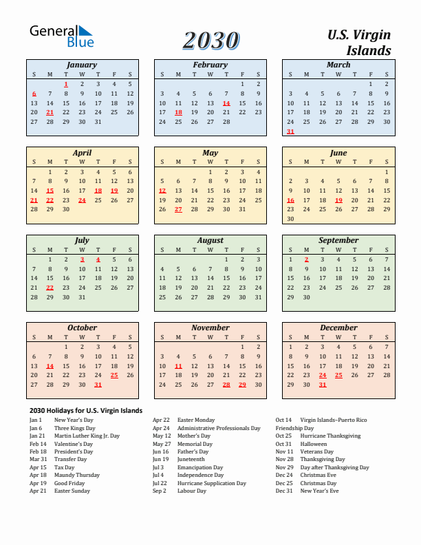 U.S. Virgin Islands Calendar 2030 with Sunday Start