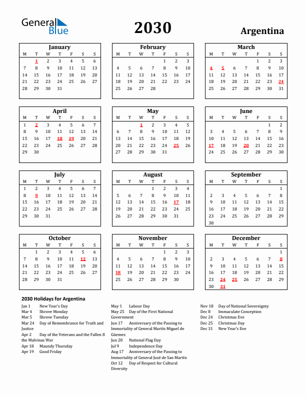 2030 Argentina Holiday Calendar - Monday Start