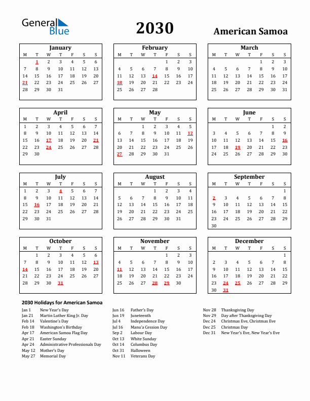 2030 American Samoa Holiday Calendar - Monday Start
