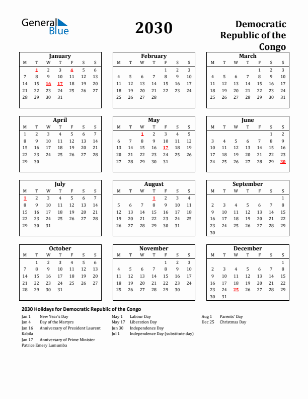2030 Democratic Republic of the Congo Holiday Calendar - Monday Start