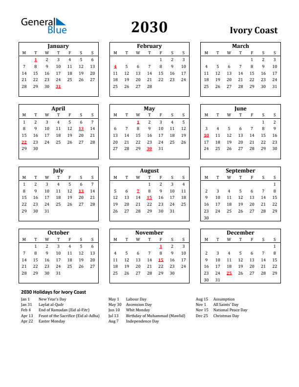2030 Ivory Coast Holiday Calendar - Monday Start