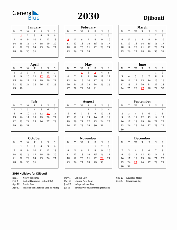 2030 Djibouti Holiday Calendar - Monday Start