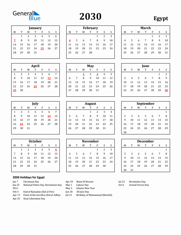 2030 Egypt Holiday Calendar - Monday Start